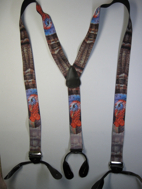 WILDLIFE TURKEY. Button On. 1 1/2"x 54"  "Y"  Style  Leather Ends. Entirely Stretchable Hand Washable and Hang to Dry Cotton/Polyester Material.               YB-PB130N54WLTK